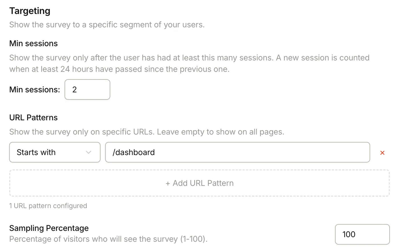 Survey targeting session and URL patterns