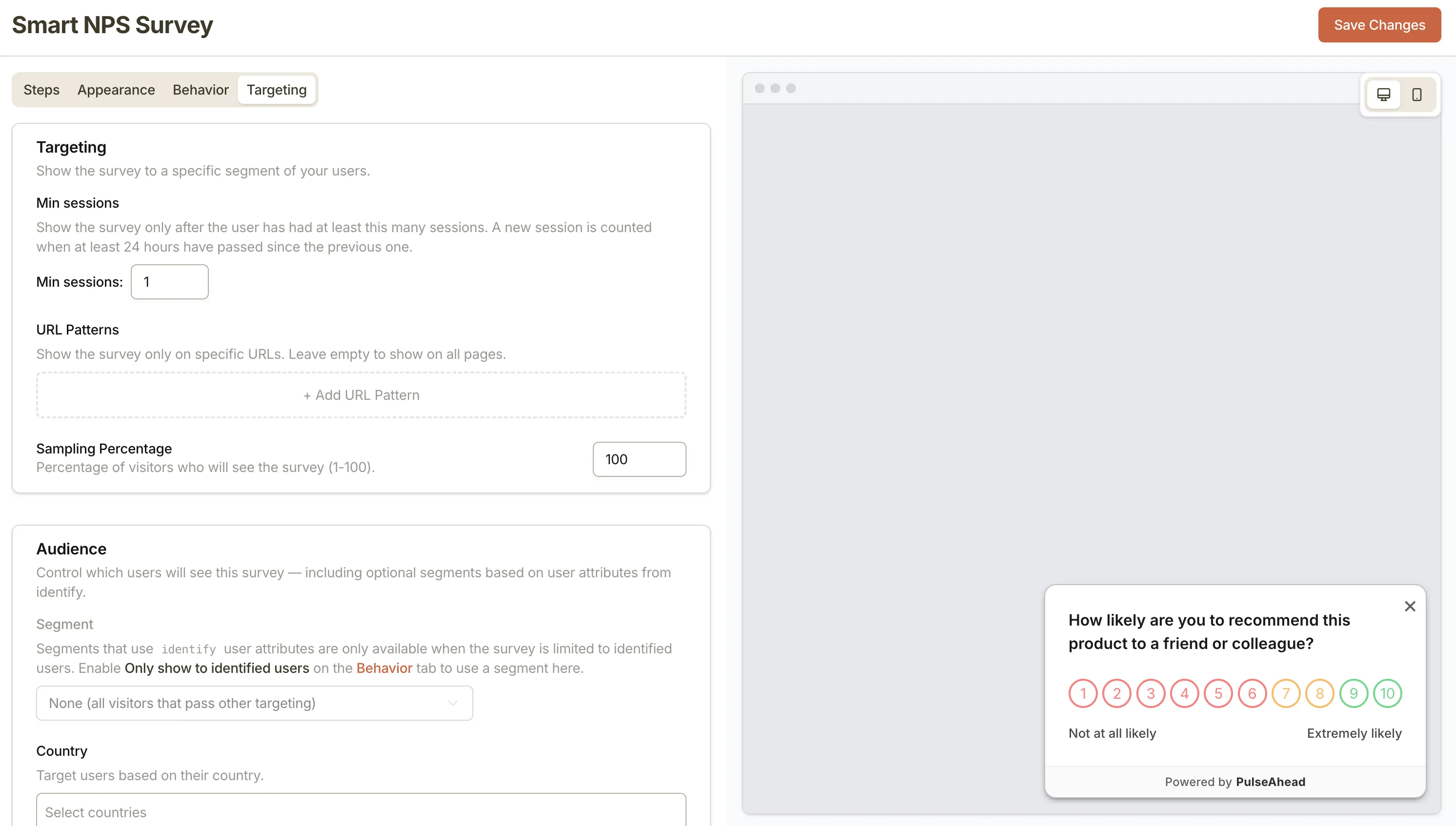Survey builder targeting and behavior tabs
