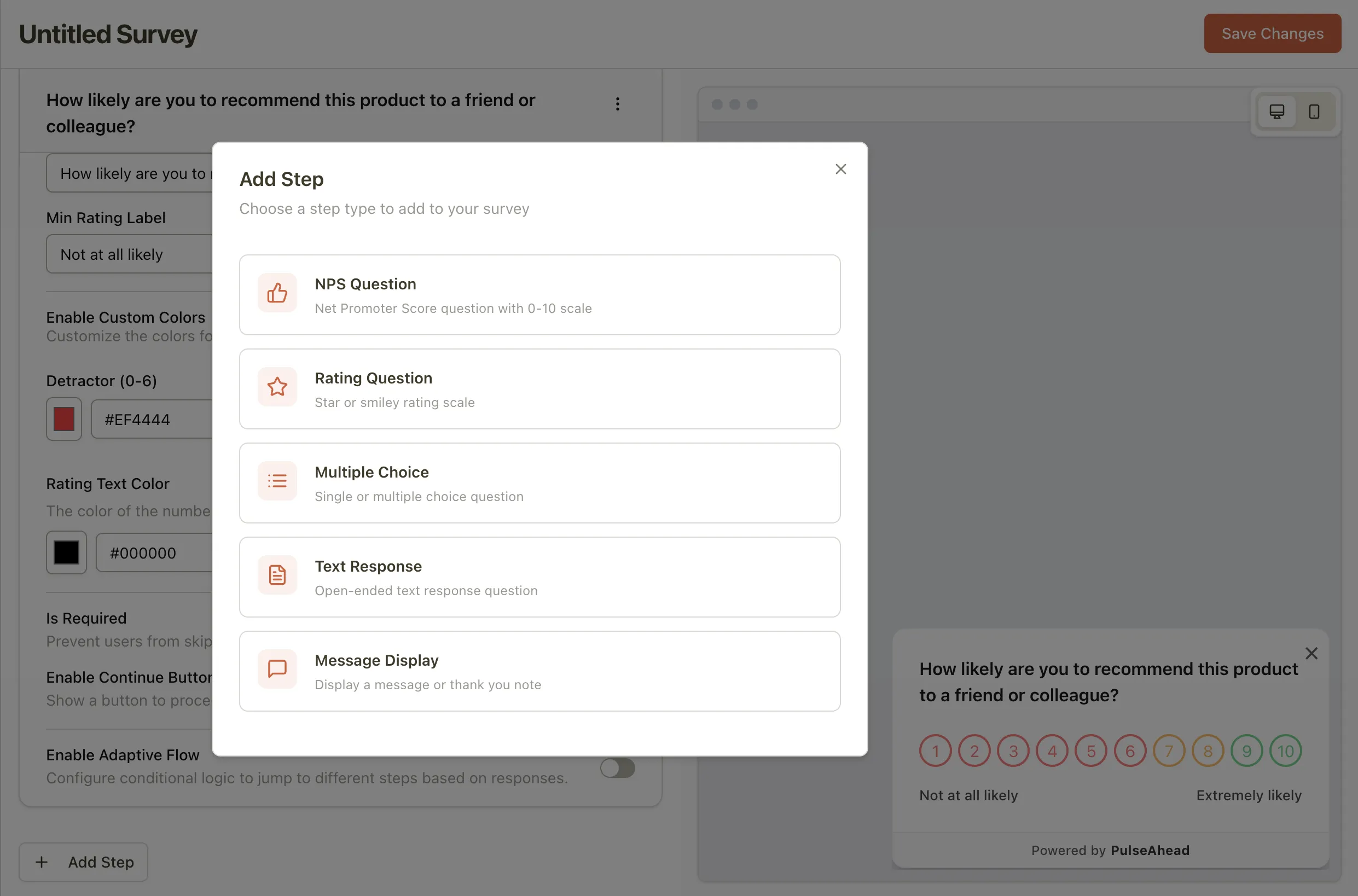 The new custom survey builder interface showing different question types.