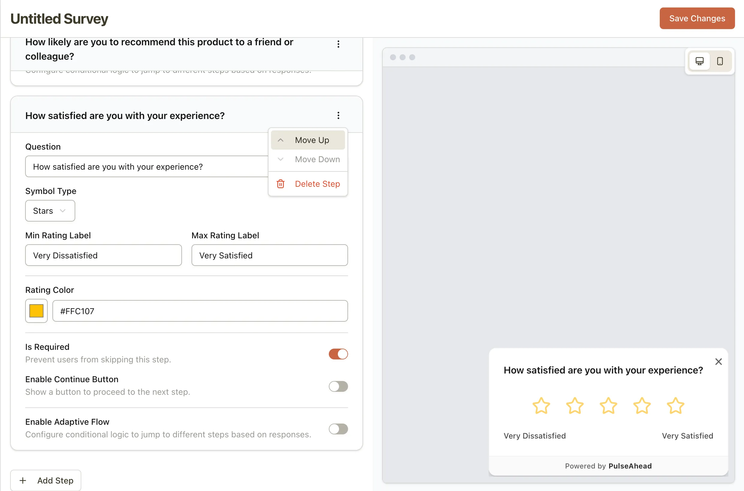 Reorder/Remove steps in the survey builder.