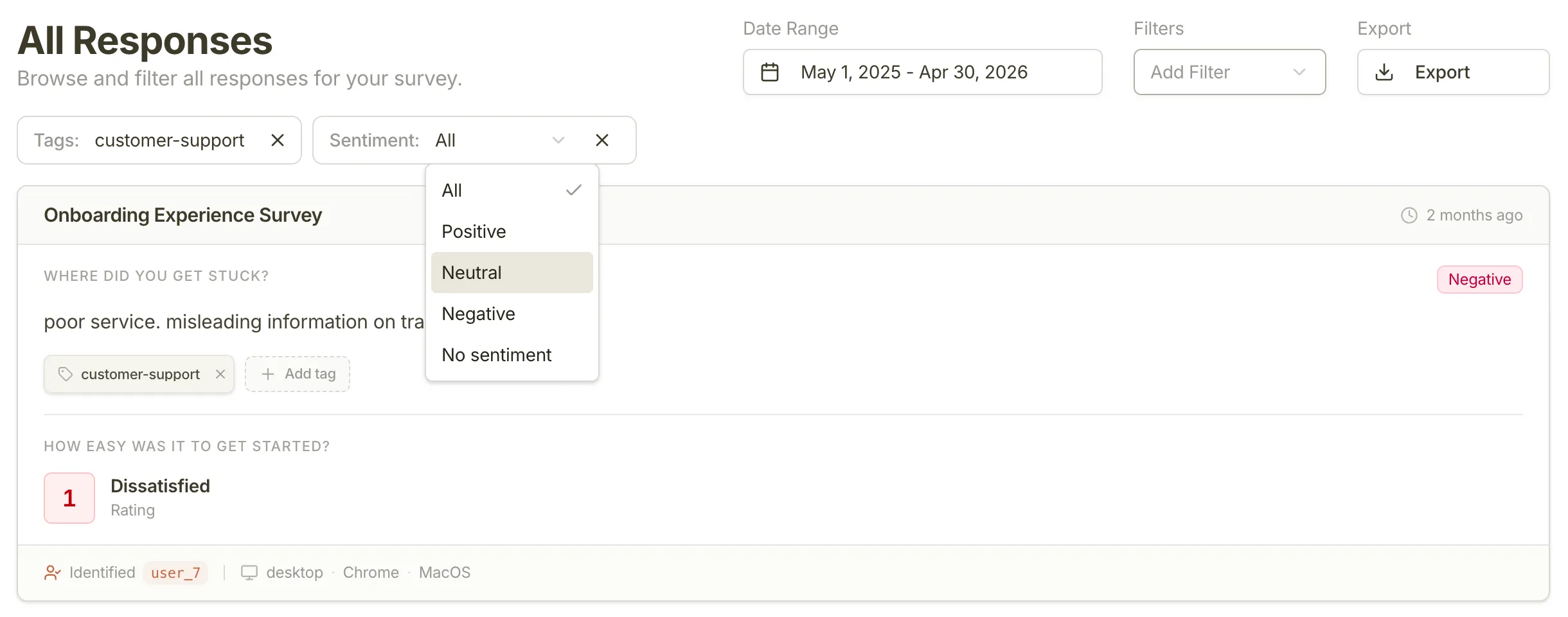 Pulseahead response feed showing open-text feedback with tags and sentiment