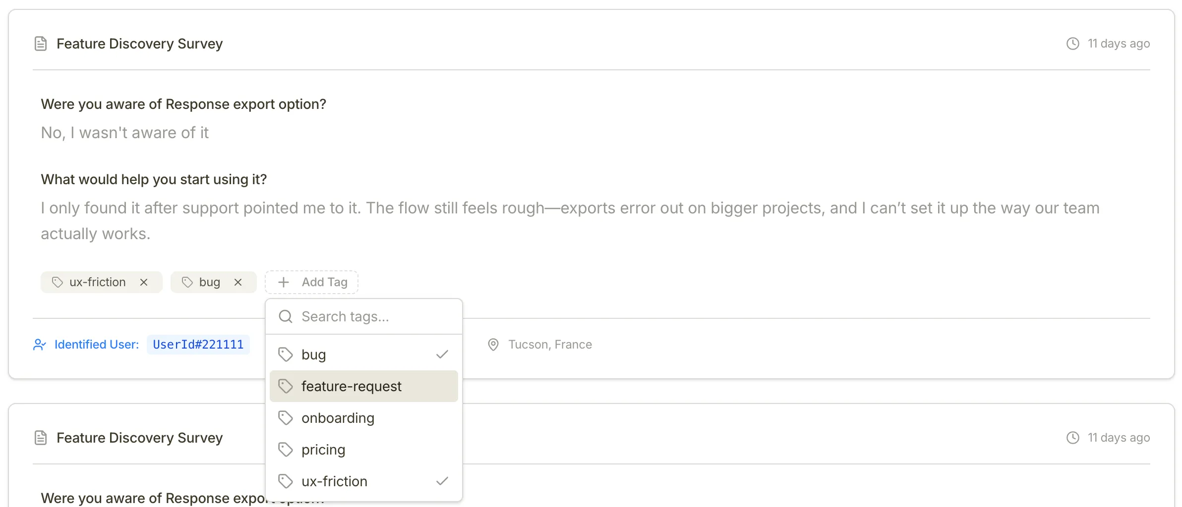 Assigning a tag to a survey response in the Response Feed
