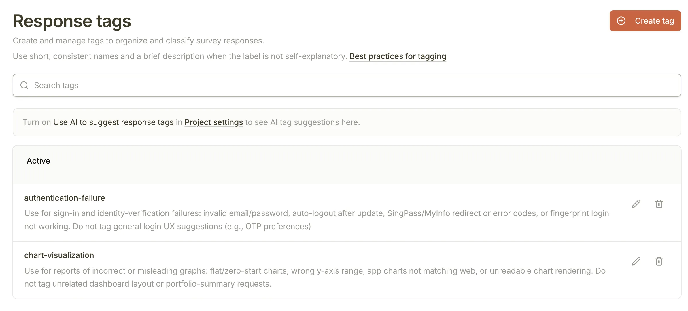 Creating a new tag in the Response Tags page