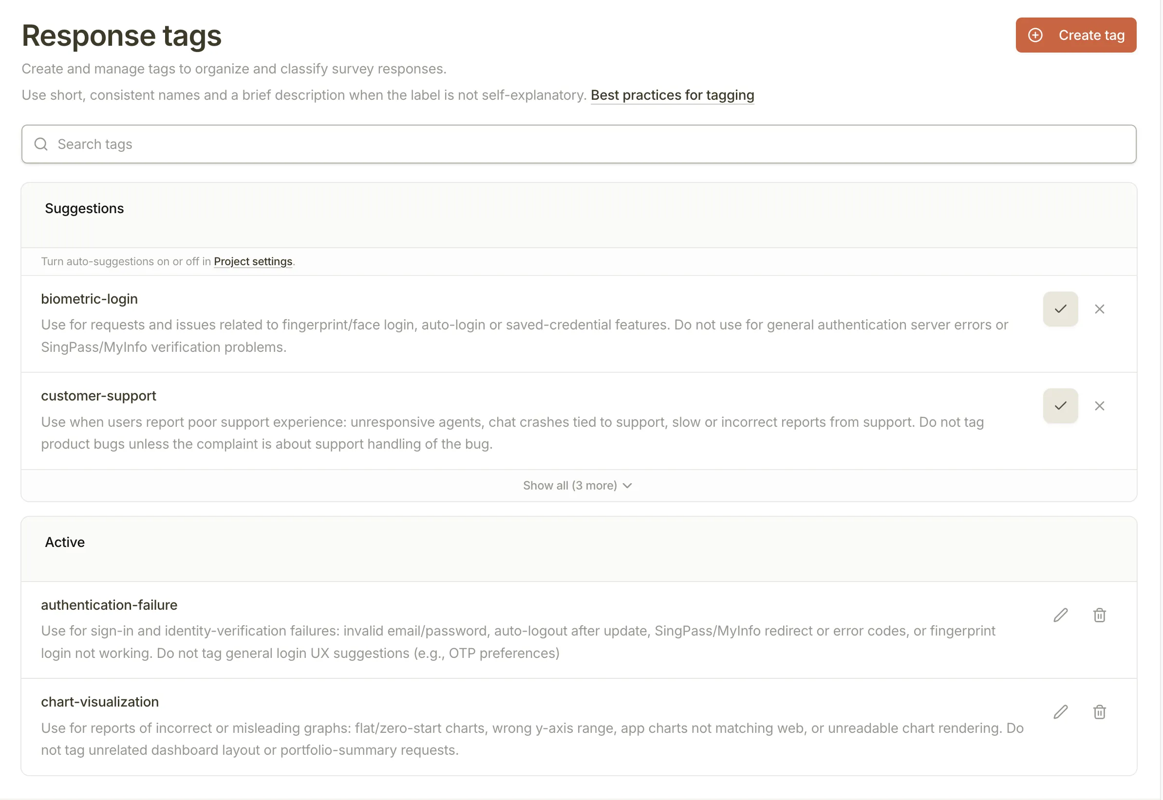 Response Tags page in Pulseahead with AI-suggested tags