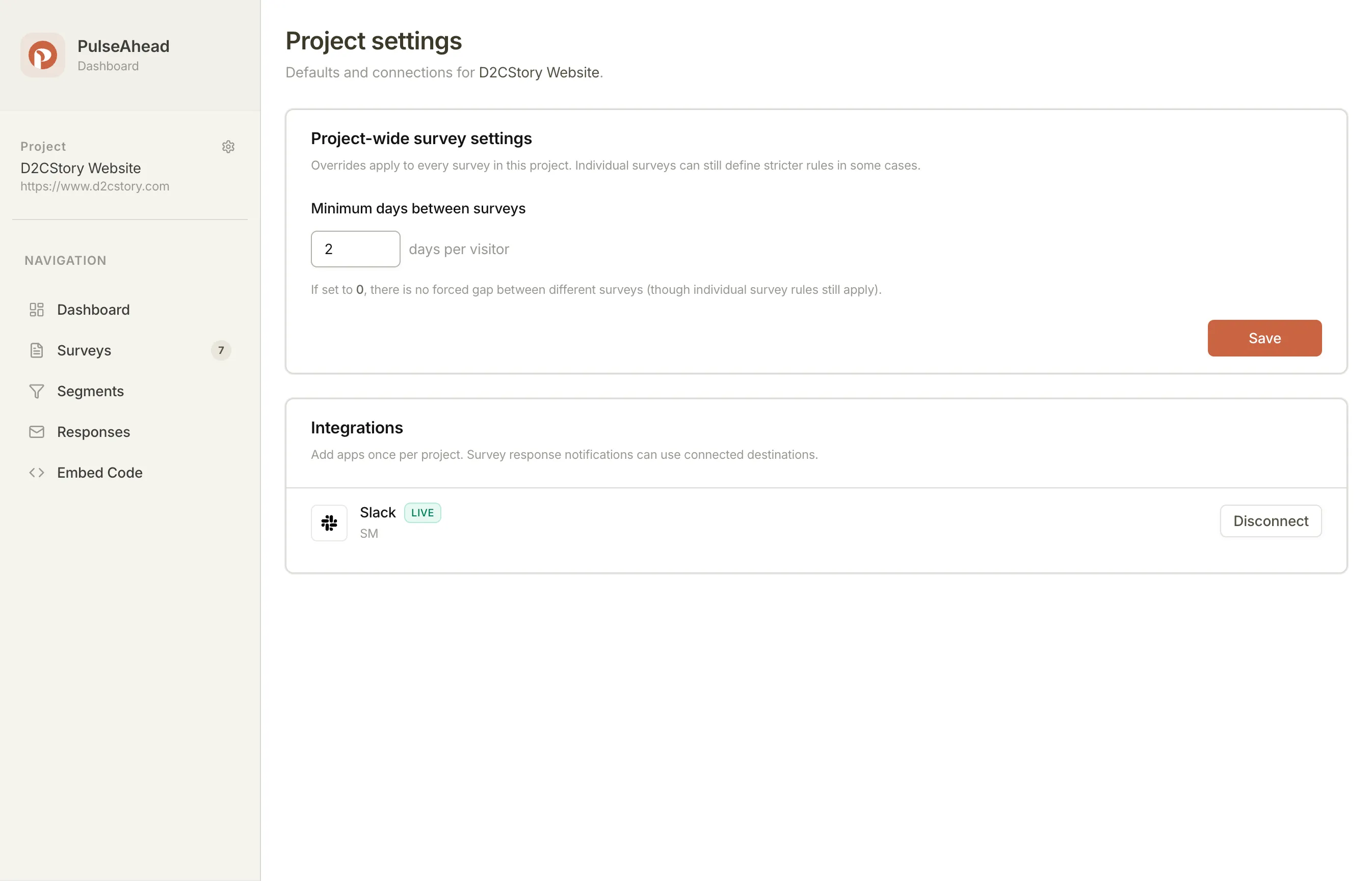 Project Settings showing the Slack integration connected with LIVE status