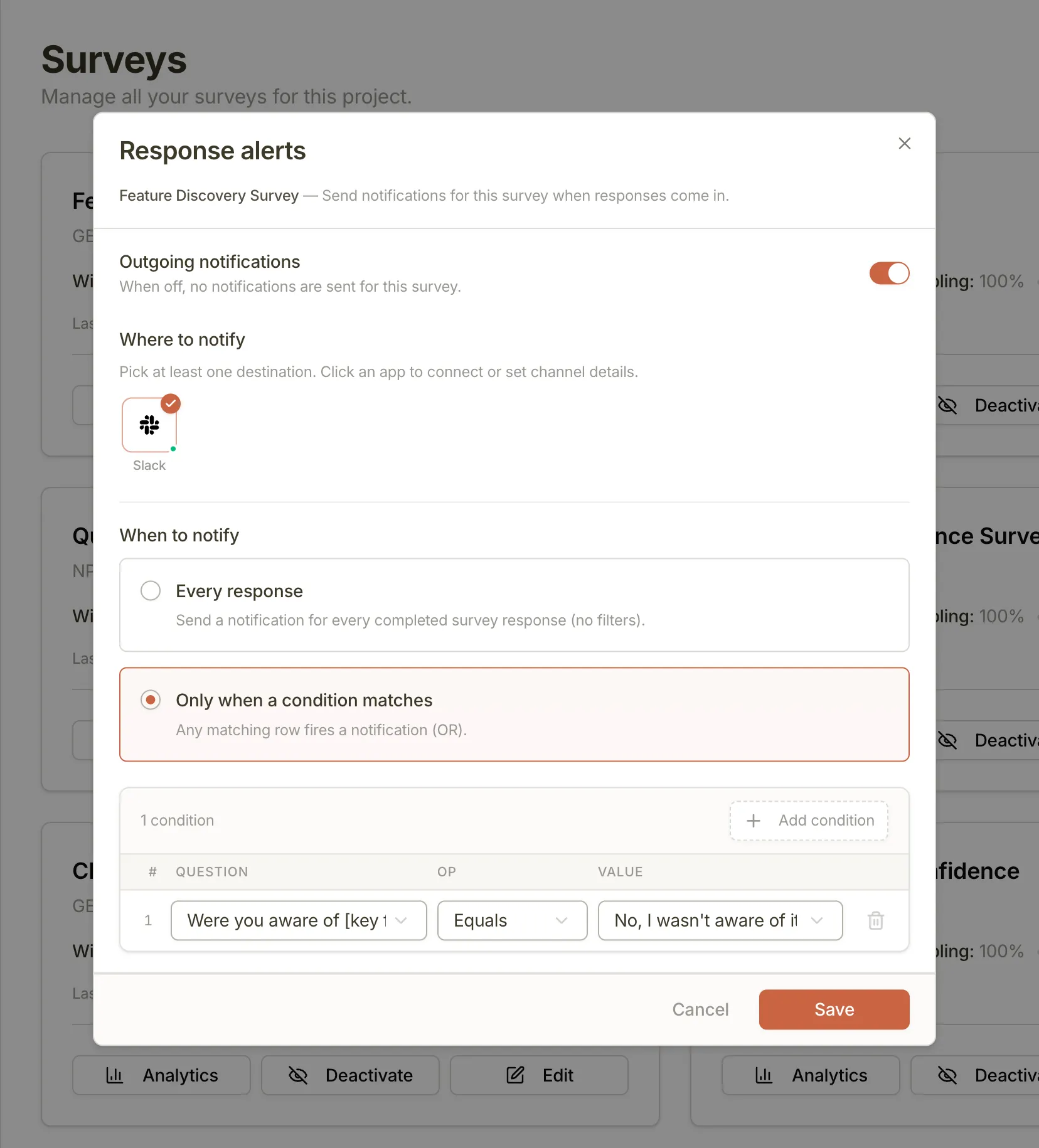 Response alerts dialog showing Slack destination and condition-based filtering
