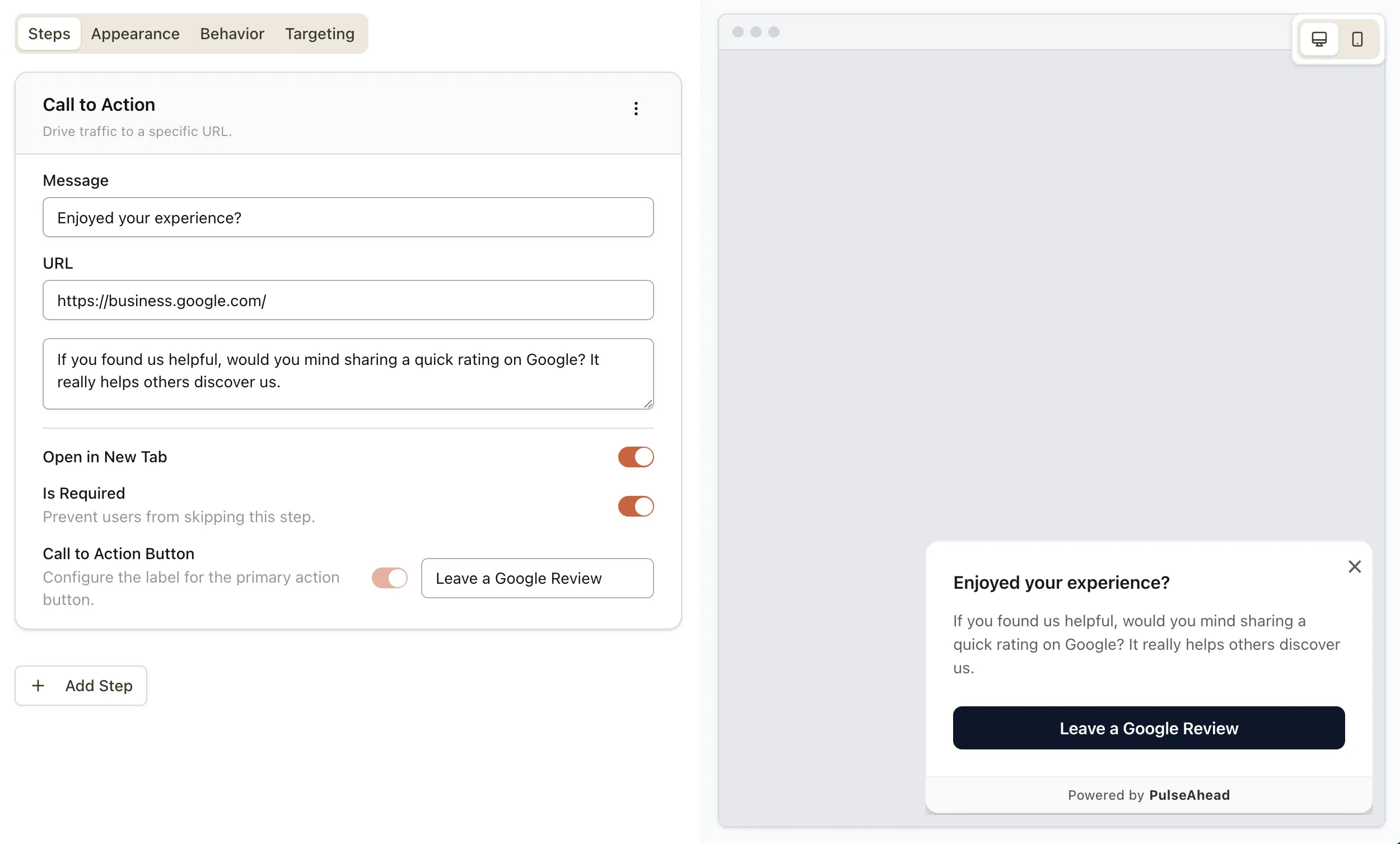 Call to Action step in survey builder