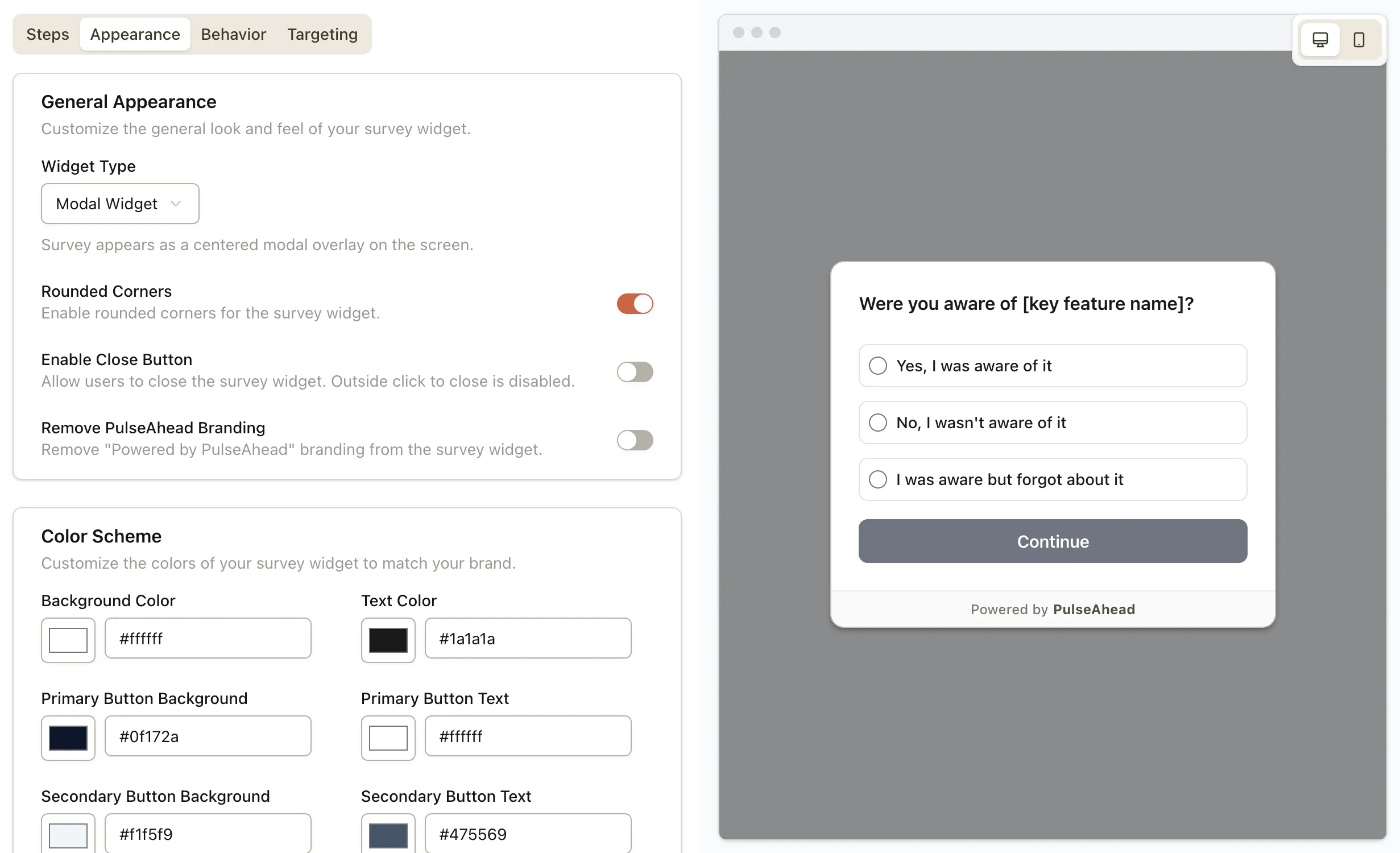 Modal placement option in Pulseahead survey appearance settings