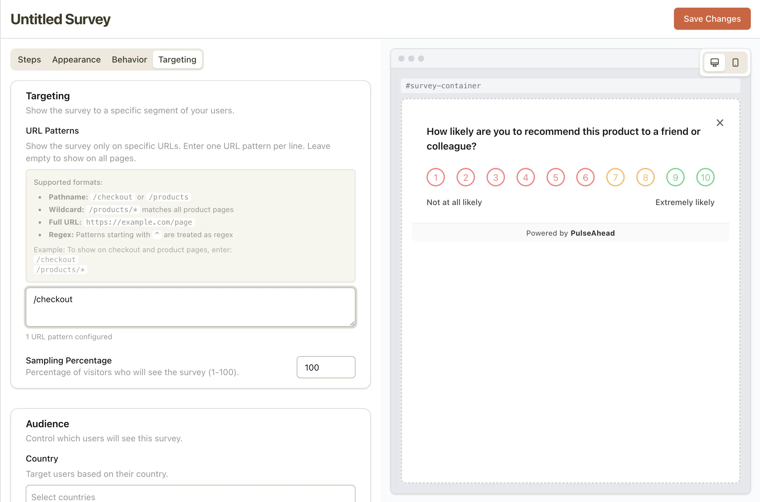 The interface for setting up URL-based targeting rules for a survey.